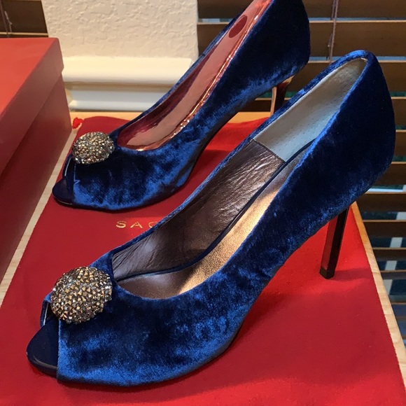 Sacha London Pippa Navy Velvet Peep Toe Heels 💙 - Picture 1 of 8
